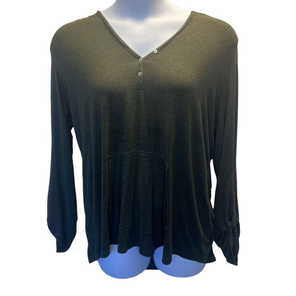 Green light cotton Hoodie womens xl pull over, front pocket 3/4 button sleeve